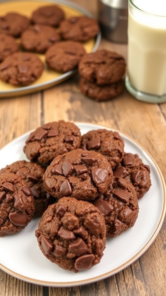 No-Bake Chocolate Oatmeal Cookies Recipe A plate of chewy no-bake chocolate oatmeal cookies next to a glass of milk on a wooden table.